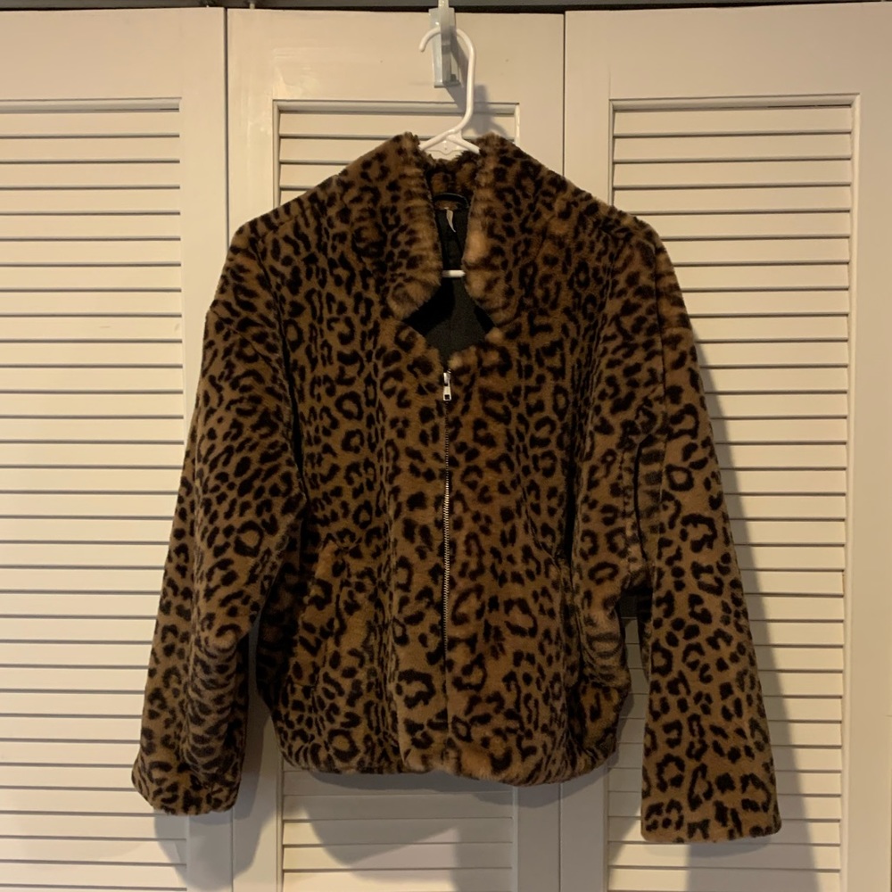 Faux fur leopard bomber jacket, Free People, size medium
